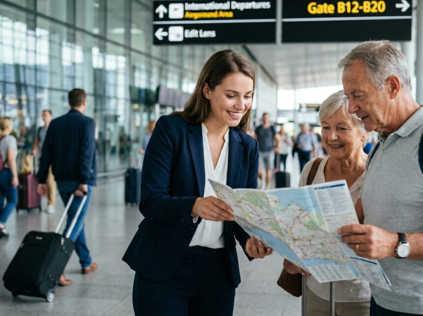 Femme aidant des voyageurs à l'aéroport durant leur voyage