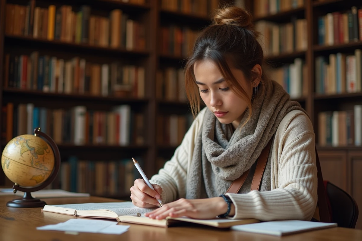 Jeune femme lisant un dictionnaire dans une bibliothèque