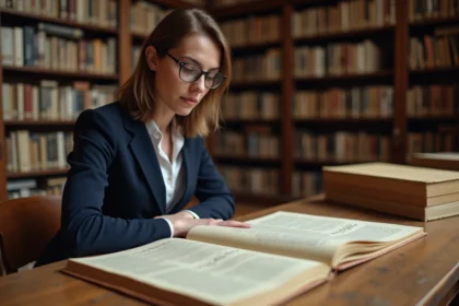Femme d'âge moyen examinant des documents anciens dans une salle de lecture