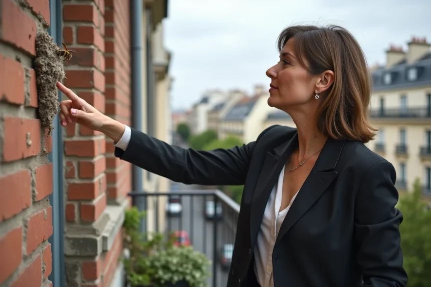 Femme urbaine pointant un nid de frelons sur un mur parisien