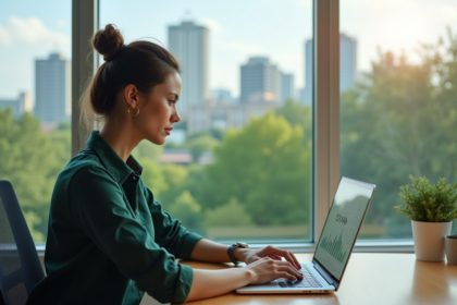Femme au bureau avec ordinateur blockchain et vue urbaine