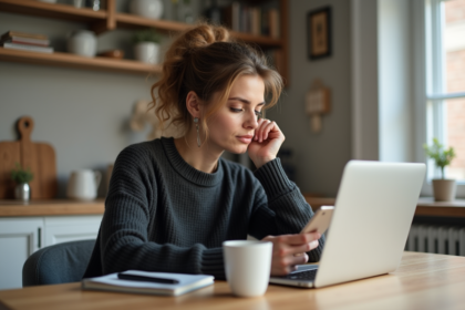 Femme assise à une table de cuisine avec ordinateur et café