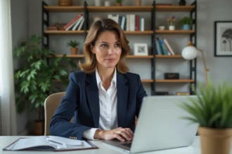 Femme au bureau avec ordinateur et ambiance organisée