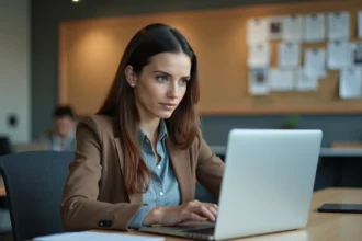 Femme en bureau moderne en réflexion au travail