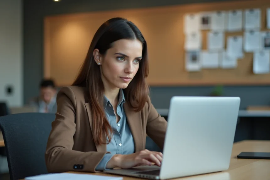 Femme en bureau moderne en réflexion au travail