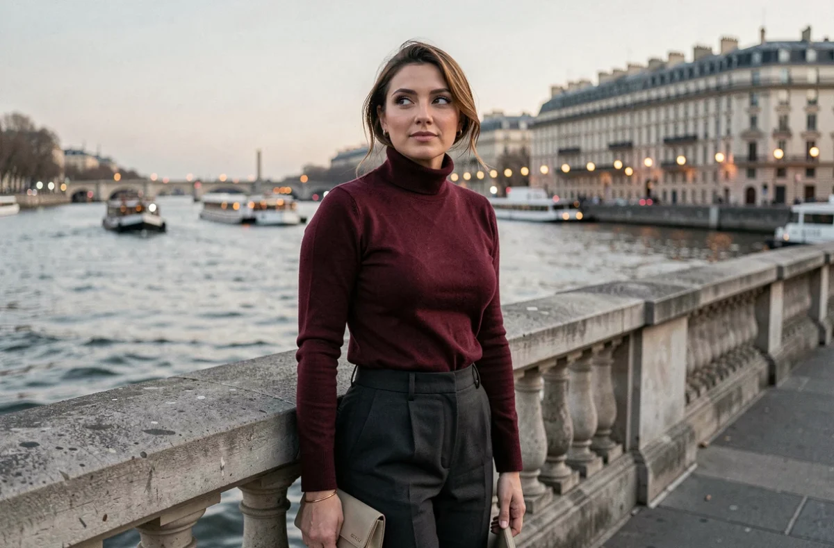 Femme célibataire élégante au bord de la Seine à Paris au crépuscule, vue en plan trois-quarts avec les ponts parisiens en arrière-plan