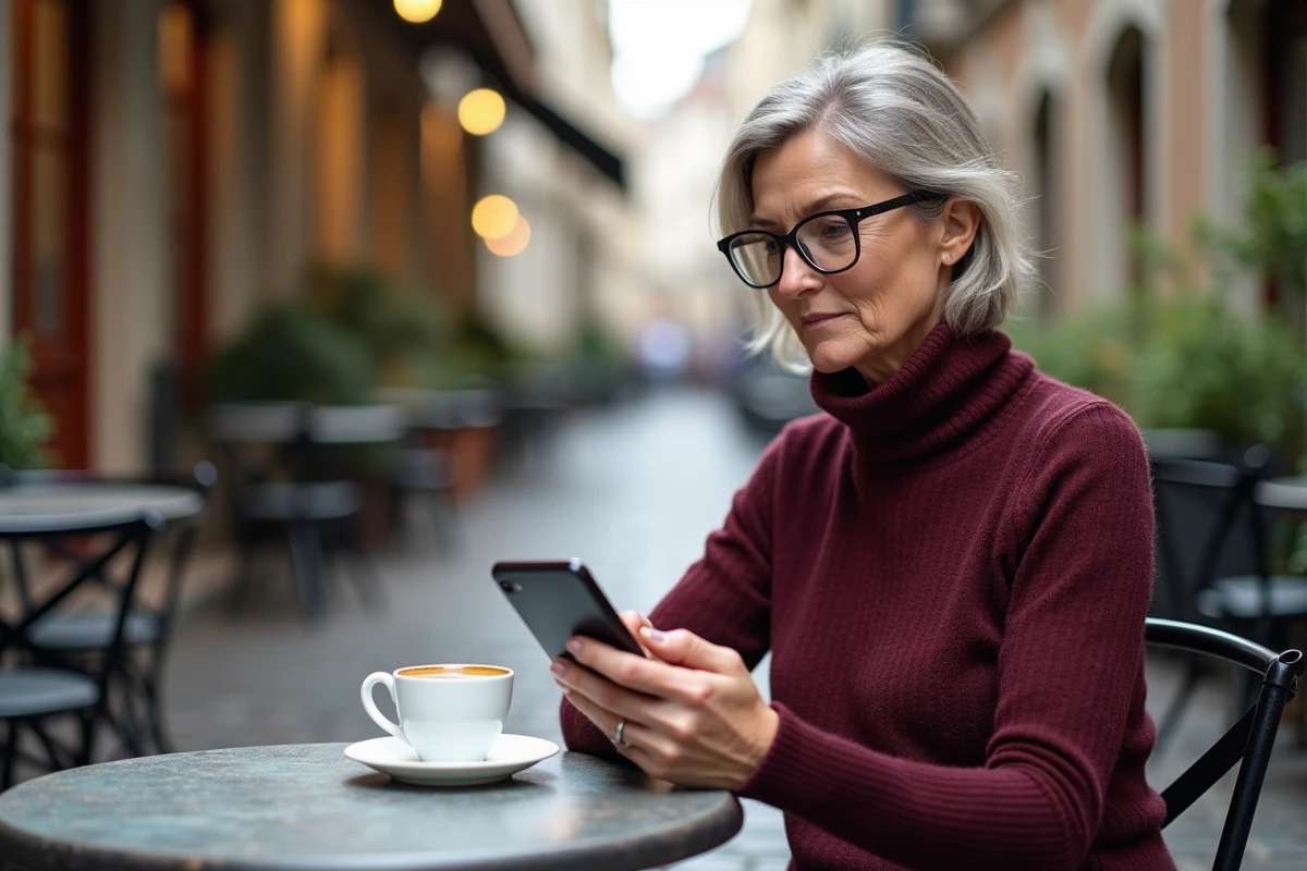 Femme jouant à Cemantix sur mobile en terrasse de café, verre d'espresso posé à côté