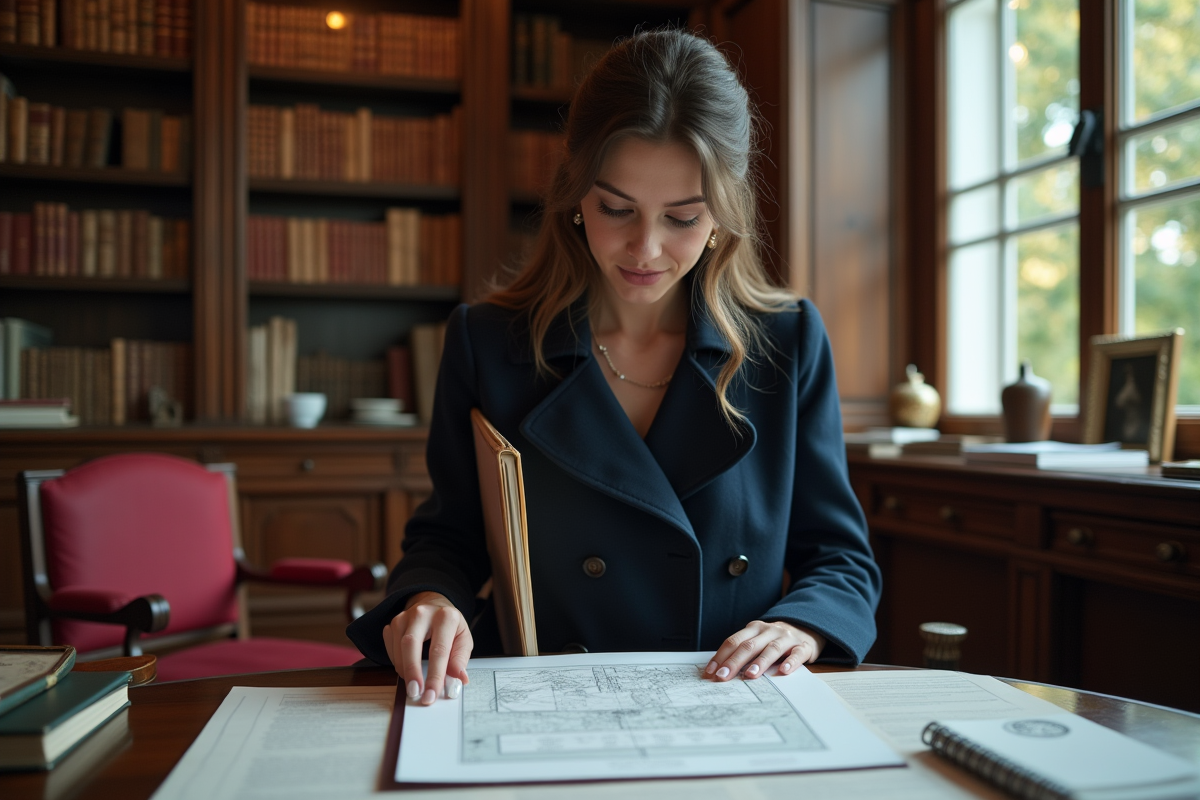 Jeune femme française inspectant une carte dans un bureau ancien