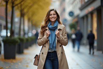 Femme élégante en trench beige dans une ville européenne