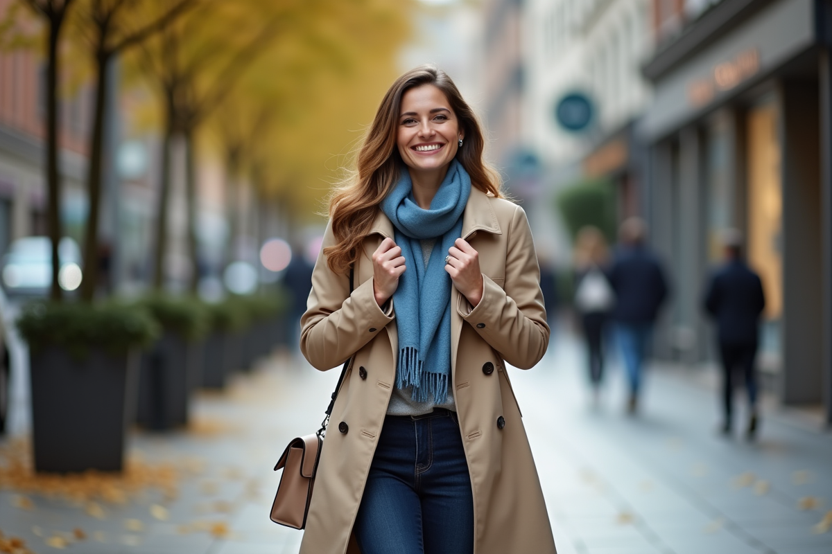 Femme élégante en trench beige dans une ville européenne