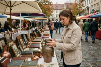 Femme chinant un vase ancien sur un marché aux puces en plein air lors d'une braderie de week-end