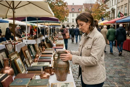 Femme chinant un vase ancien sur un marché aux puces en plein air lors d'une braderie de week-end