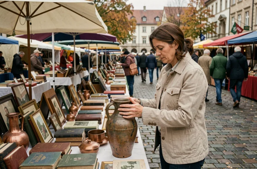 Femme chinant un vase ancien sur un marché aux puces en plein air lors d'une braderie de week-end