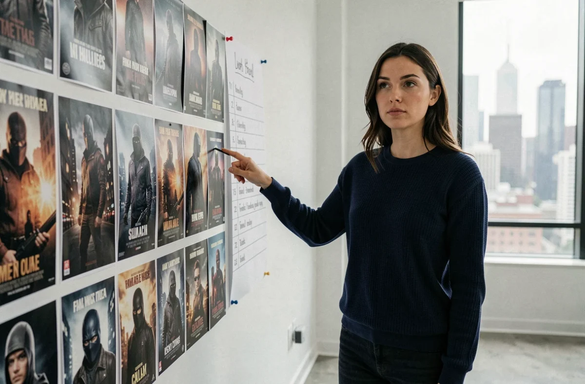 Jeune femme pointant une chronologie de films Batman affichée sur un mur dans un appartement moderne