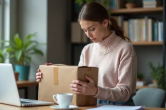 Femme vérifiant un colis dans son bureau à domicile
