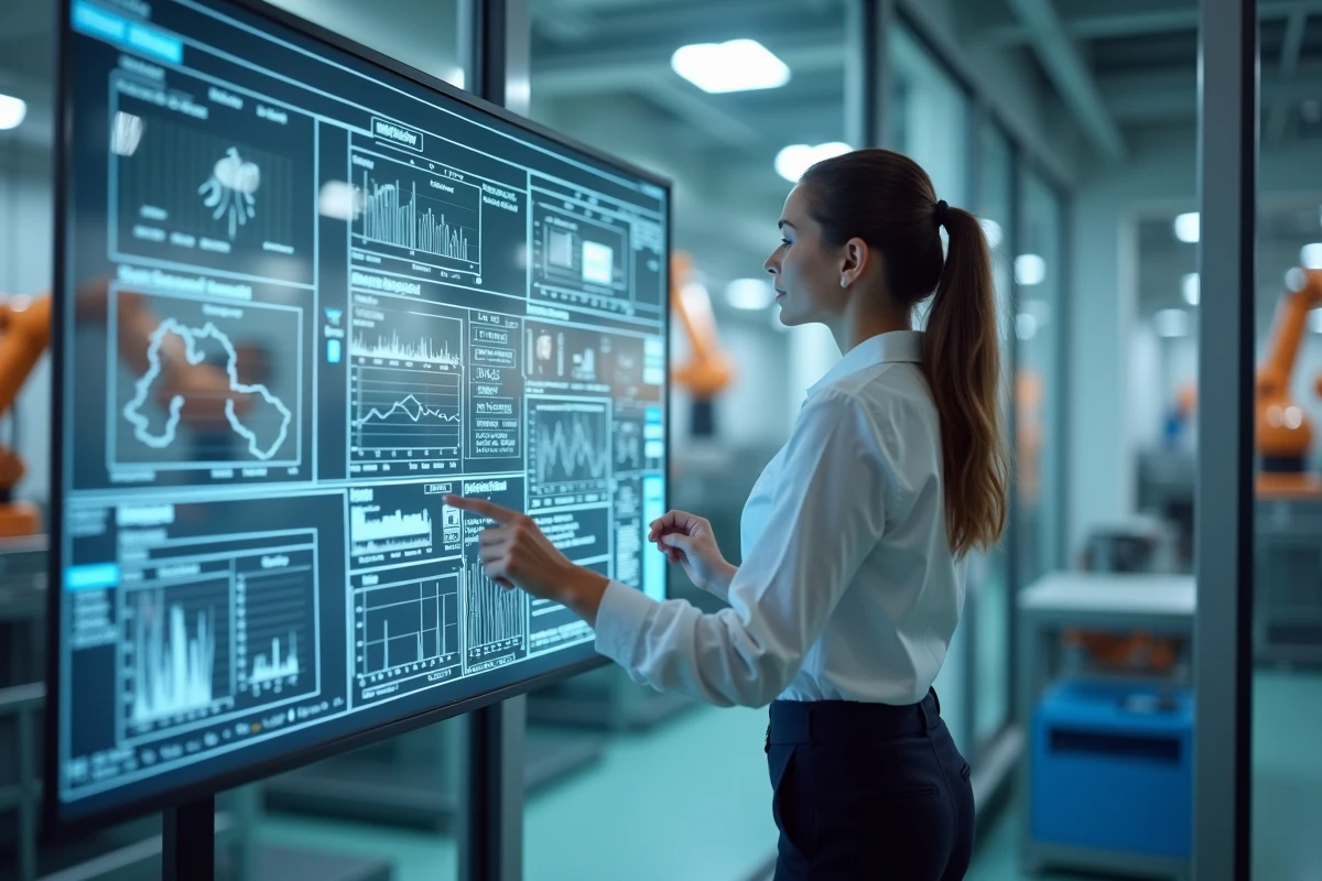 Jeune femme contrôlant une ligne automatisée avec écran tactile