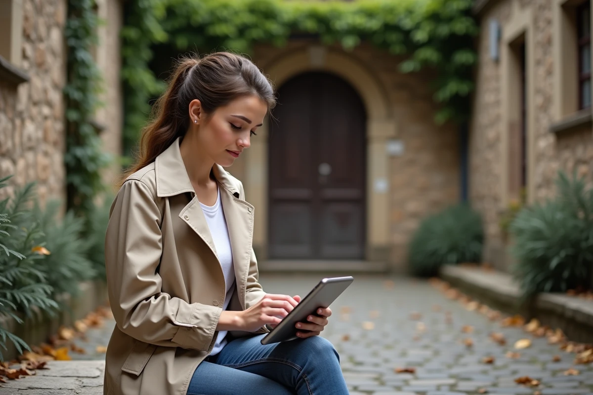 Jeune femme dans une cour historique européenne consultant une tablette, symbolisant la curiosité personnelle et la recherche d'identité