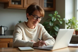 Femme d'âge moyen résolvant un crossword à la maison