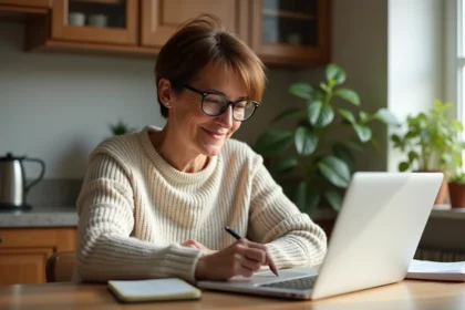 Femme d'âge moyen résolvant un crossword à la maison