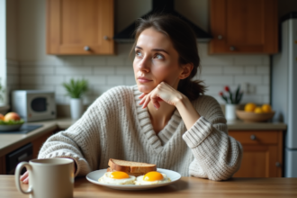 Femme réfléchissant à son petit déjeuner dans une cuisine chaleureuse
