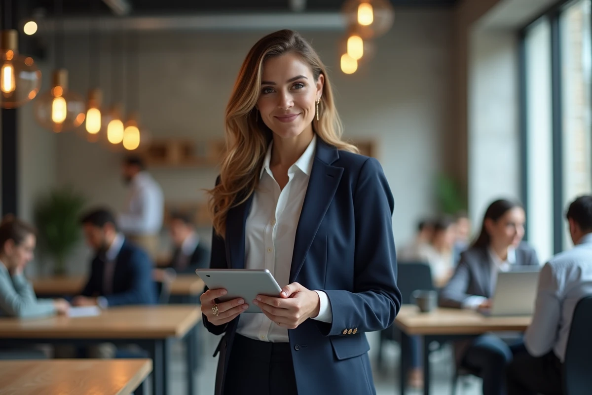 Femme entrepreneure turque dans un espace de coworking analysant ses statistiques sur les réseaux sociaux