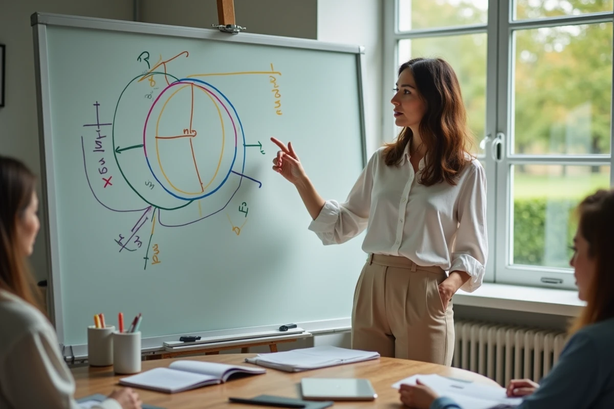 Femme expliquant la formule du cercle avec un diagramme