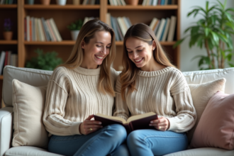 Femme et fille lisant un livre dans un salon chaleureux