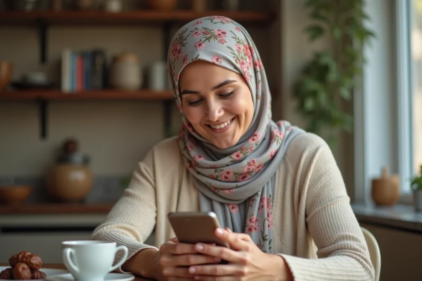 Femme portant un hijab floral souriant en envoyant un SMS de bon Ramadan à sa famille depuis sa cuisine