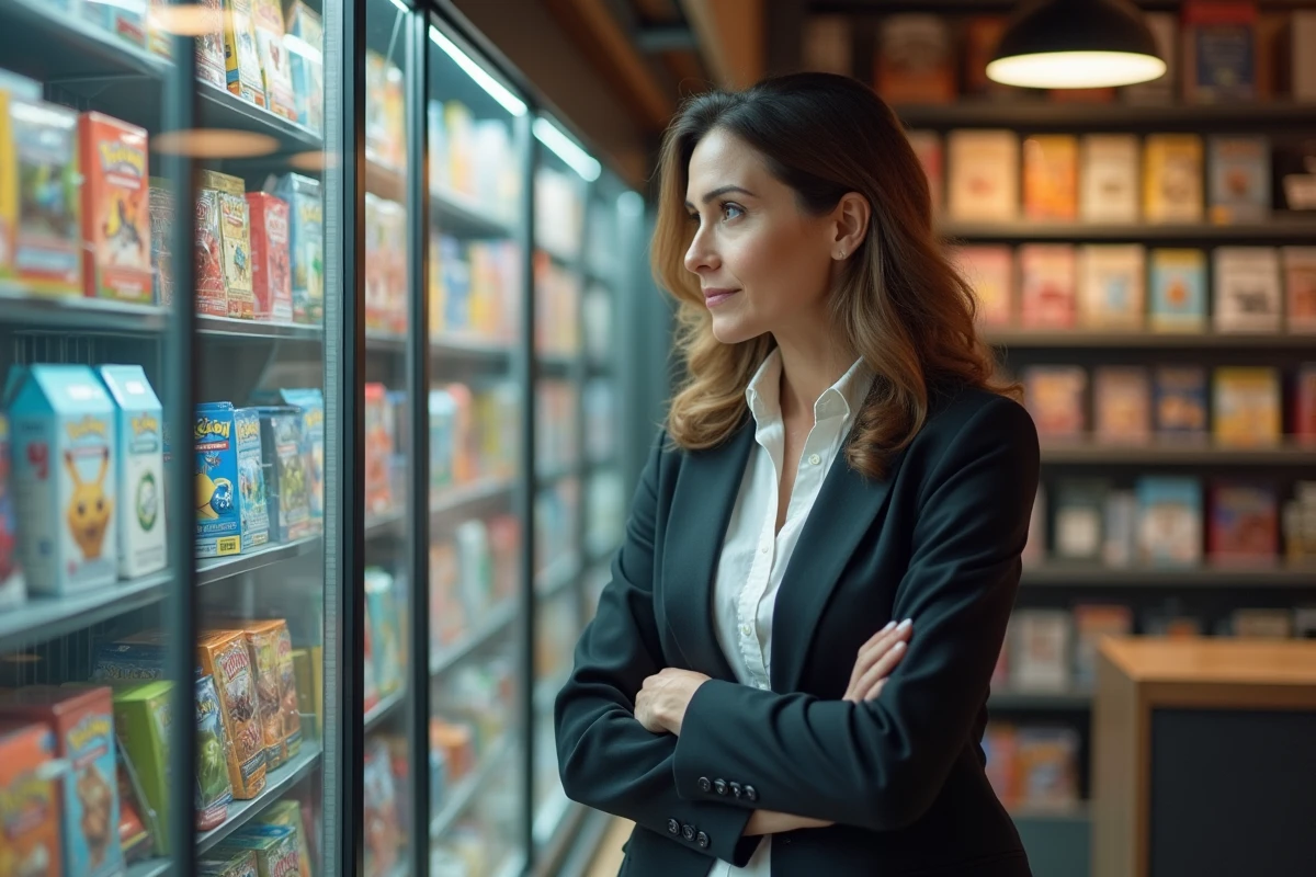 Femme dans une boutique de jeux regarde des boosters Pokémon