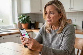 Femme inquiète regardant un numéro de téléphone inconnu affiché sur son smartphone dans une cuisine