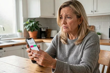 Femme inquiète regardant un numéro de téléphone inconnu affiché sur son smartphone dans une cuisine