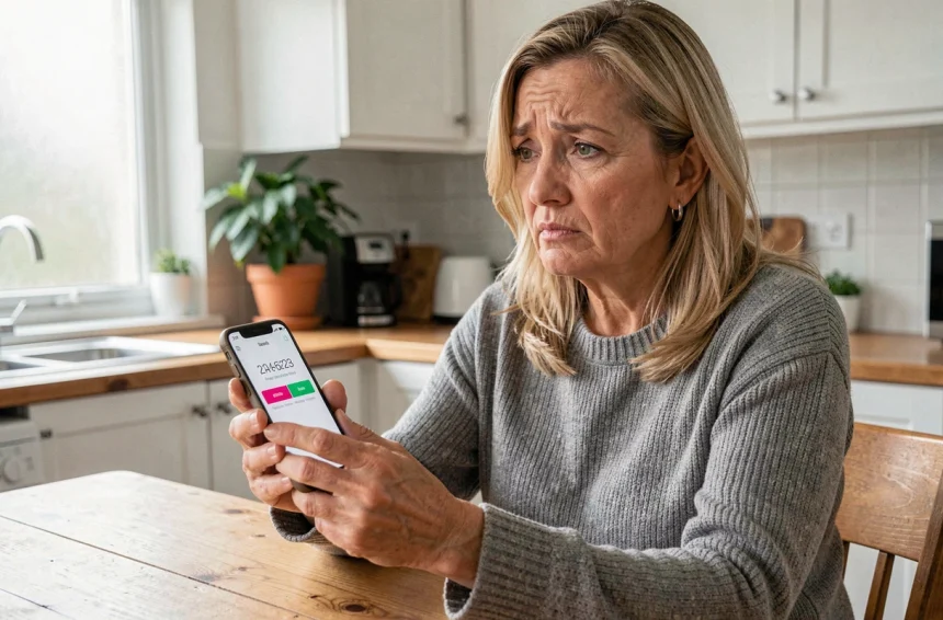 Femme inquiète regardant un numéro de téléphone inconnu affiché sur son smartphone dans une cuisine