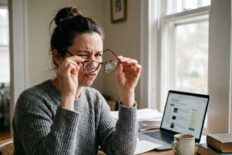 Femme inspectant des lunettes d'occasion achetées sur une petite annonce, assise à son bureau avec un ordinateur ouvert