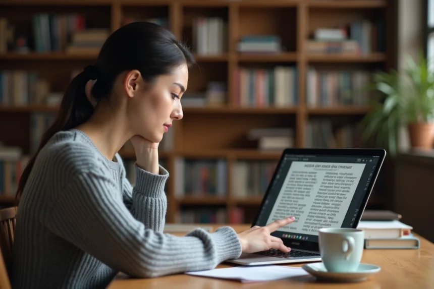 Femme jouant à un jeu de mots sur ordinateur portable pour améliorer son vocabulaire au quotidien