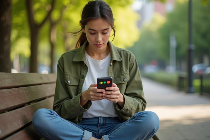 Femme jouant à Cemantix sur smartphone dans un parc urbain, assise sur un banc en bois