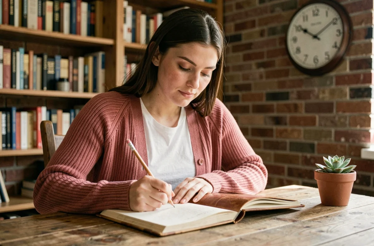 Jeune femme écrivant dans un journal à 11h01, illustrant la signification spirituelle des anges gardiens