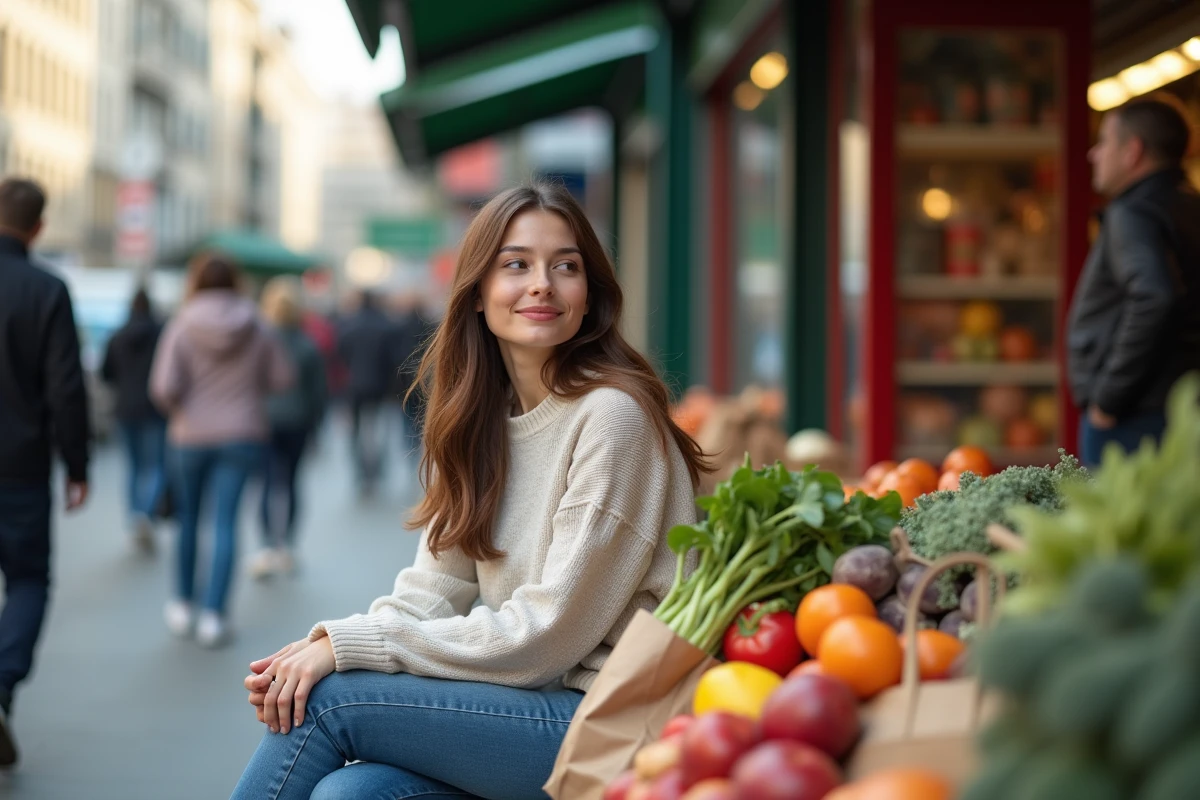 Jeune femme souriante avec sacs de marché à Rungis