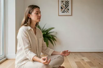 Femme méditant dans un appartement minimaliste, illustrant la signification spirituelle du nombre angélique 11h01