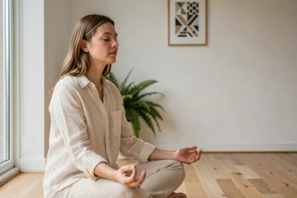 Femme méditant dans un appartement minimaliste, illustrant la signification spirituelle du nombre angélique 11h01