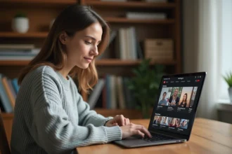 Femme utilisant un ordinateur portable pour naviguer sur un magazine vidéo en ligne depuis son bureau à domicile