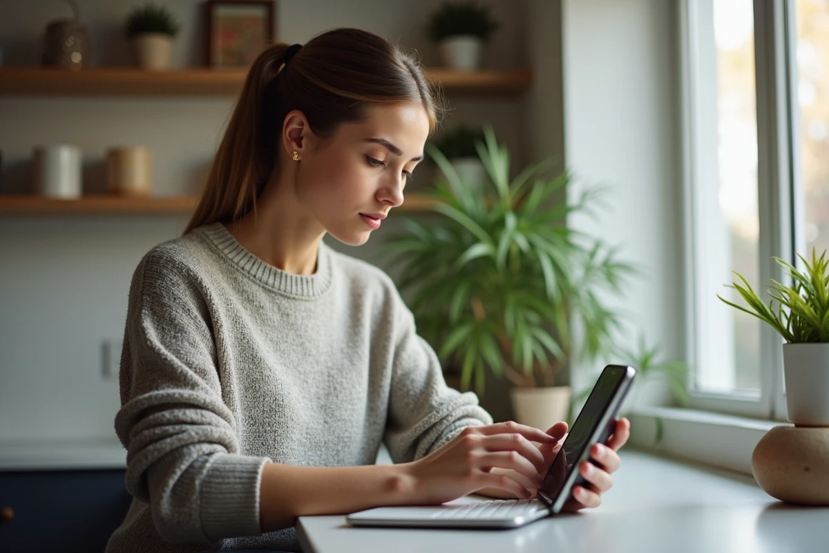 Jeune femme concentrée utilisant son smartphone dans une cuisine lumineuse