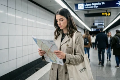 Femme consultant un plan du métro ligne 14 sur le quai d'une station parisienne moderne