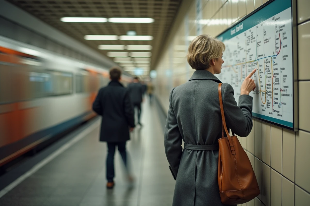 Femme consultant le plan de la ligne 9 du métro parisien affiché sur le mur d'une station