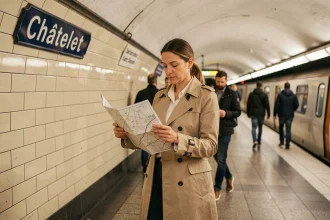 Femme consultant un plan de métro parisien sur le quai de la station Châtelet pour choisir la meilleure correspondance
