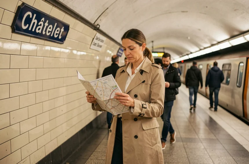Femme consultant un plan de métro parisien sur le quai de la station Châtelet pour choisir la meilleure correspondance