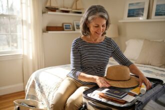 Femme consultant des documents pour préparer une croisière