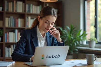 Femme professionnelle en bureau moderne avec logo Tarbob