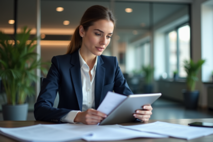 Femme professionnelle en revue de documents de remboursement