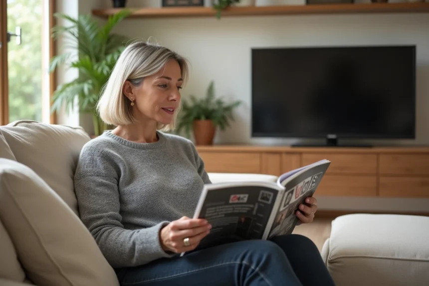 Femme consultant le programme Télé Z magazine sur son canapé devant la télévision