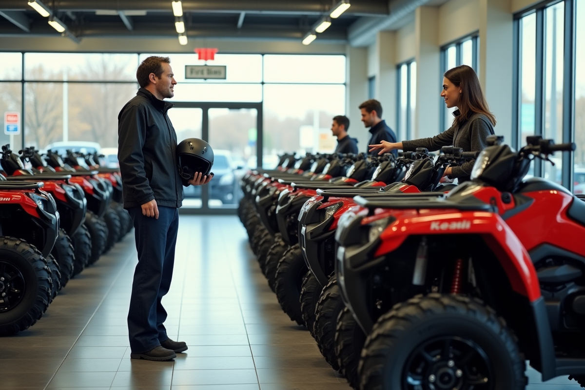 Femme discutant avec un vendeur de quads en showroom intérieur